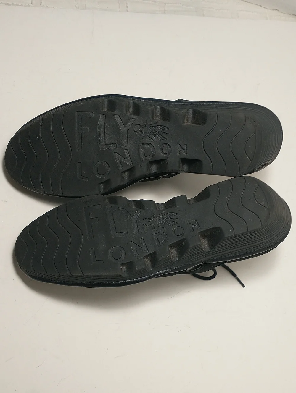 LIKE NEW Fly London Poma Tie Wedge Sandal, Covered Toe, Black, Euro 39, US 8